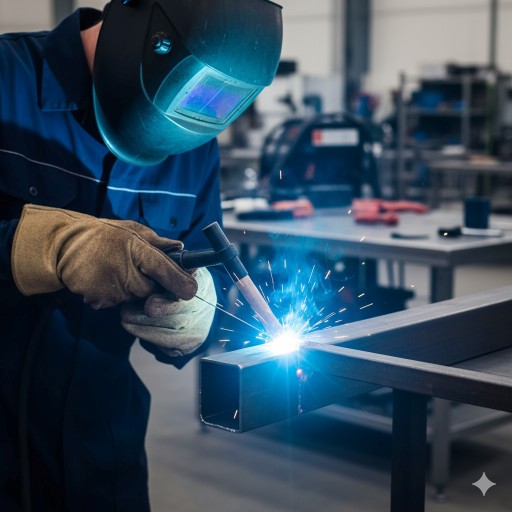 A welder performing TIG welding on a steel bar