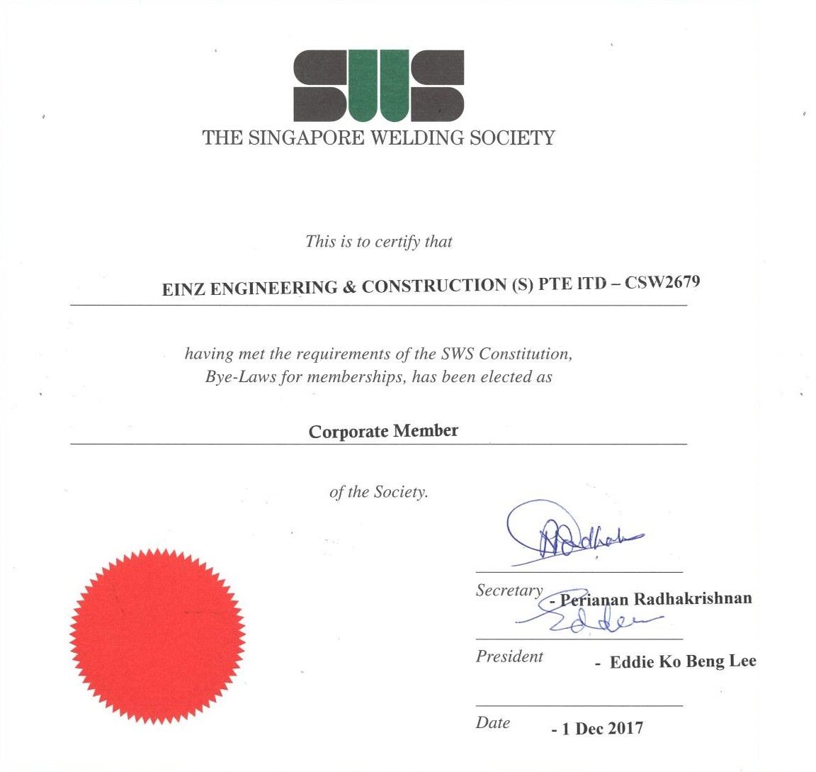 The Singapore Welding Society Membership Certificate